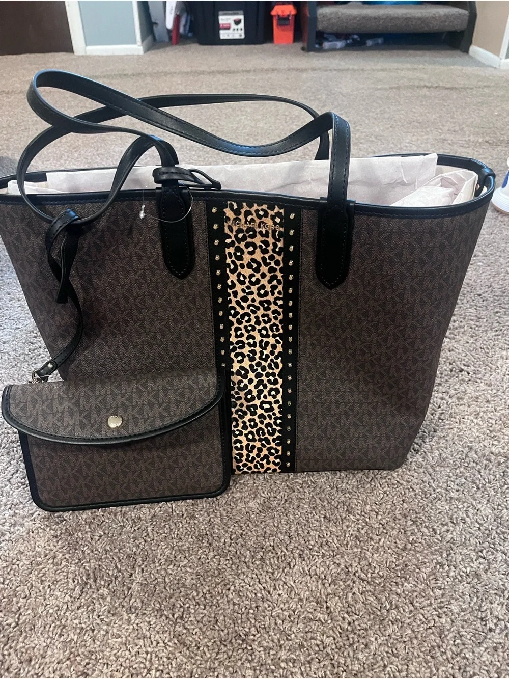 New Michael Kors Large Eliza Media Open Tote Leopard Studded Logo Charm Pouch